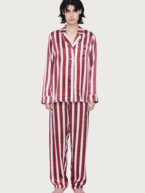 Ginia Red and White Striped Silk Pajama Set - XS